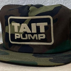 Vintage Trucker Mesh Hat "Tait Pump" & adjustable SnapBack Camo by  K-Products Orange City Iowa, (Made in USA)