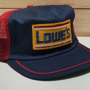 Vintage Mesh Trucker Hat &quot;Lowes&quot; & adjustable SnapBack Blue/Red Sewn Patch Logo