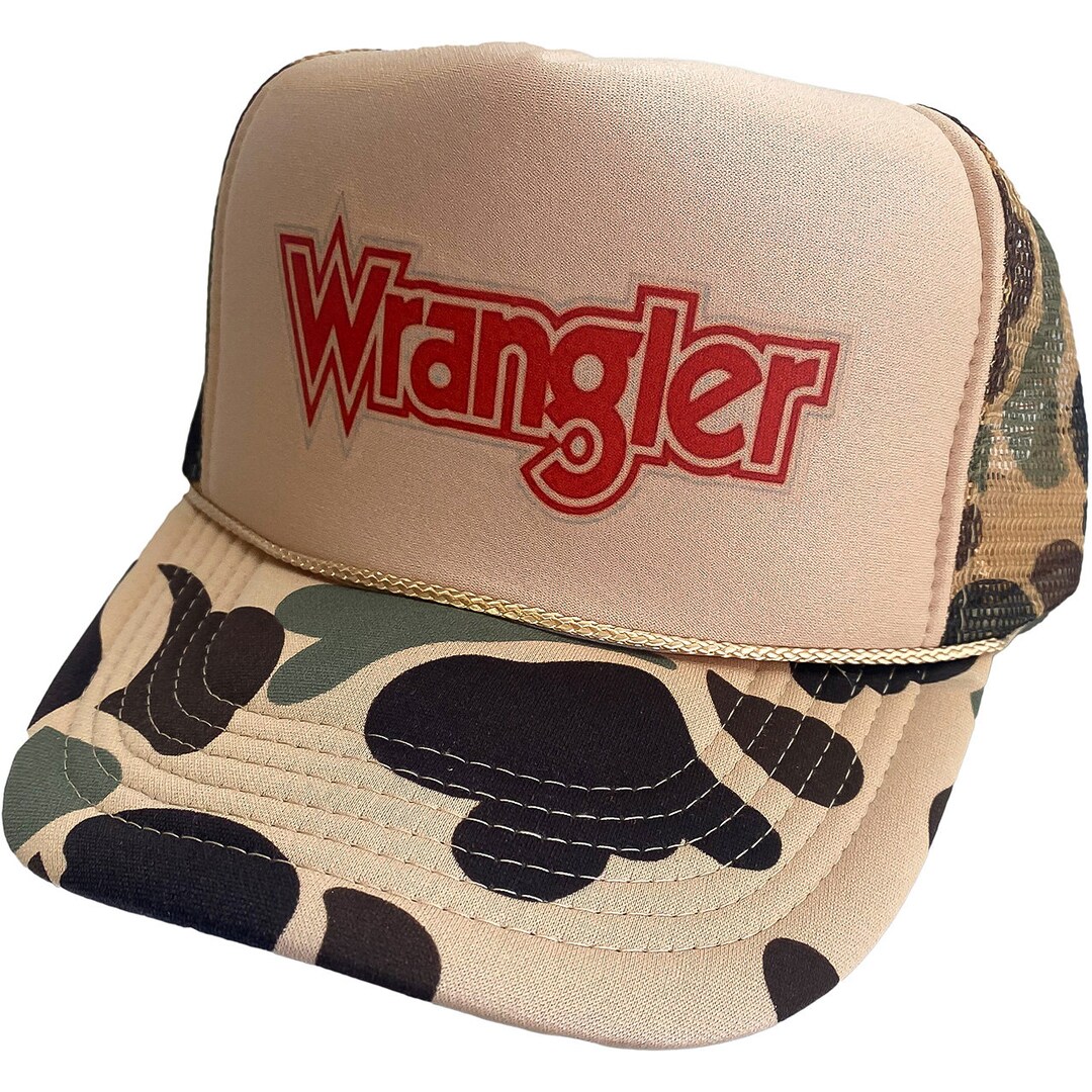 Vintage Wrangler Style Camo Trucker Hat - Brown Camo, Mesh Back, Snapback Adjustment
