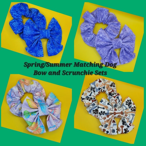 Spring/Summer Matching Dog Bows and Scrunchie Sets/Fun Summer prints in Blue, Purple, Brown, Butterflies, and Flowers