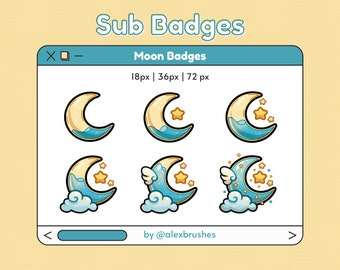Cute blue and yellow moon aesthetic twitch sub badges | aesthetic luna for streamers