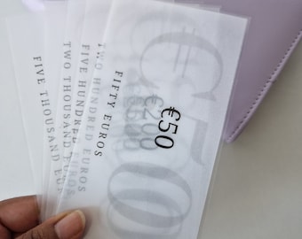 Euro prop argent Mat / Brillant | Espace réservé en euros laminé| Espace réservé pour 50, 100, 200, 500, 1000, 2000, 5000, 10000 euros