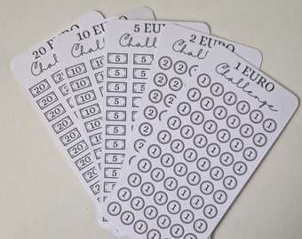 1, 2, 5, 10, 20 euro Savings Challenge Trackers