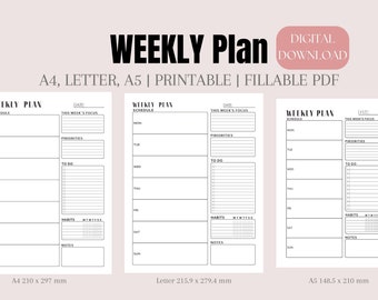 Wekelijkse planner, afdrukbare planner, directe download, planner bijlage, A4 / A5 / Letter formaat wekelijkse planner