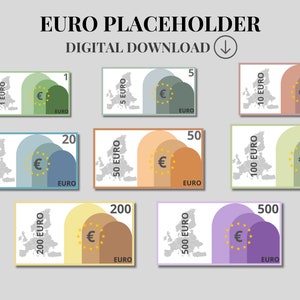 EURO PLACEHOLDER | Euro placeholders | 1 euro, 5 euros, 10 euros, 20 euros, 50 euros, 100 euros, 200 euros, 500 euros | Digital Download