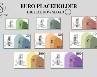 EURO PLACEHOLDER | Euro placeholders | 1 euro, 5 euros, 10 euros, 20 euros, 50 euros, 100 euros, 200 euros, 500 euros | Digital Download