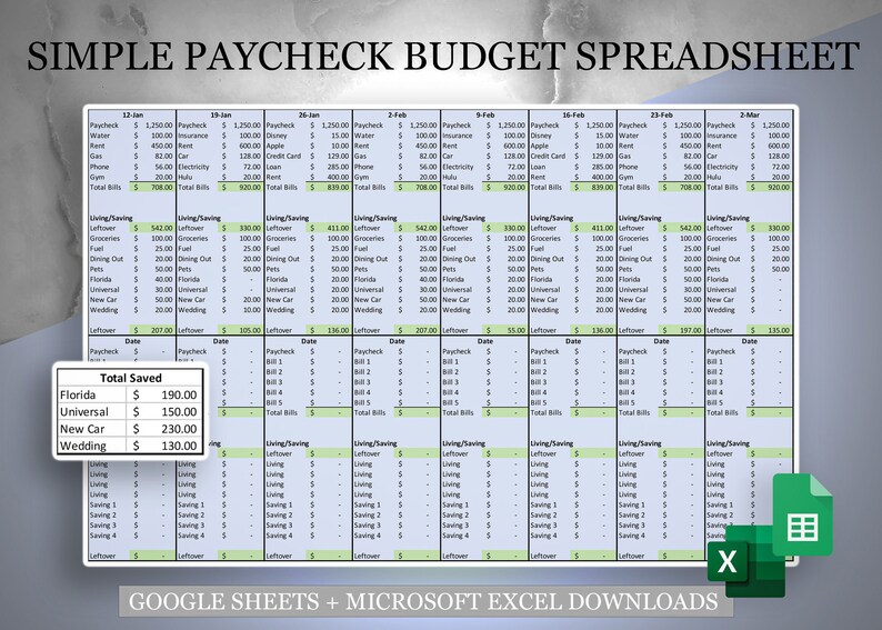 Simple Paycheck Budget Spreadsheet for Google Sheets, Financial Planner ...