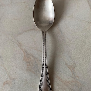 May include: A silver spoon with an oval bowl and a decorative handle. The handle features an ornate design with a detailed emblem at the base. The spoon is set against a light-colored, marbled surface.