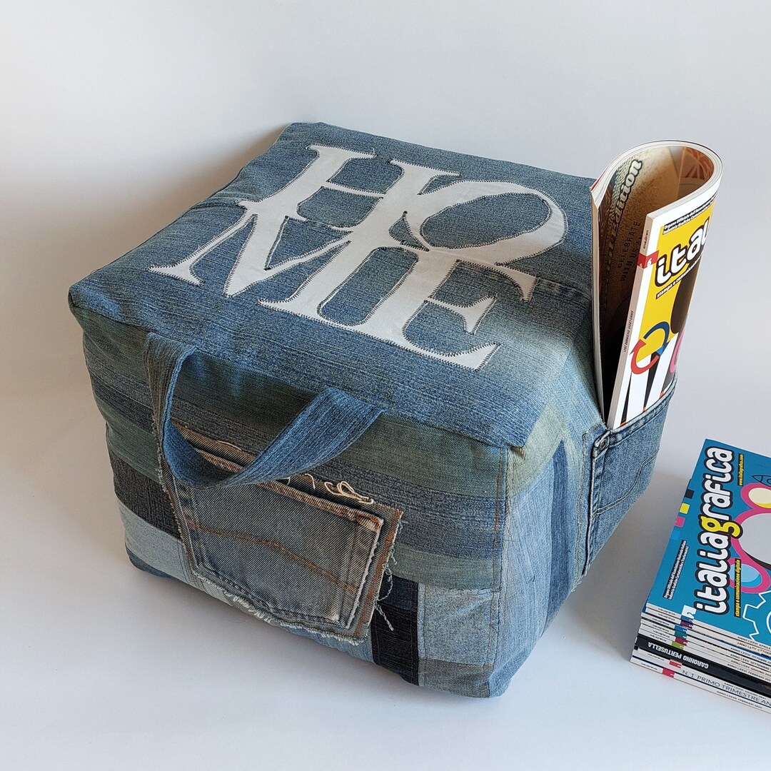 Footstool, Pouf, Jeans Pouf, Remote Control Holder, Cube Cushion ...