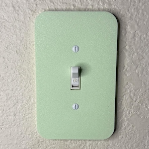 May include: A light green, rectangular light switch cover with rounded corners. The switch is in the "ON" position. Two screws secure the cover to the wall. The wall has a textured, off-white finish.