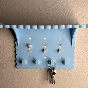 Triple Toggle Scalloped Light Switch Cover with Built In Top Shelf Platform and Convenient Key Holder Organizer for Entryway Storage