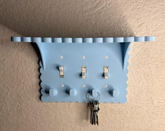 Triple Toggle Scalloped Light Switch Cover with Built In Top Shelf Platform and Convenient Key Holder Organizer for Entryway Storage