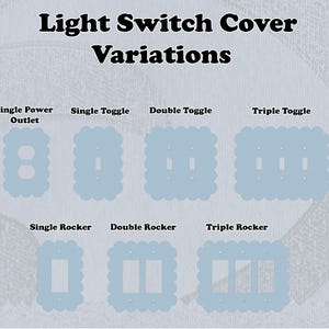 May include: Light switch cover variations are shown, including single power outlet, single toggle, double toggle, and triple toggle designs. Also shown are single rocker, double rocker, and triple rocker light switch covers. The text "Light Switch Cover Variations" is at the top.