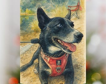 May include: Watercolor painting of a black and white dog wearing a red harness, with the text "Custom Digital Pet Artwork" at the top. The dog is panting with its tongue out, set against a blurred outdoor background.