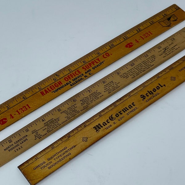 Choice of 3 Vintage Rulers, vintage Raleigh NC wood ruler 15", vintage NC wood fishing laws ruler 12", vintage Chicago ruler 12"