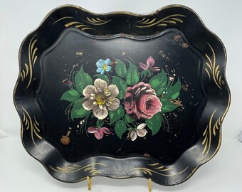Toleware Floral Tray Nashco, handpainted floral toleware tray, scalloped edge toleware tray, Nashco toleware tray, handpainted floral tray