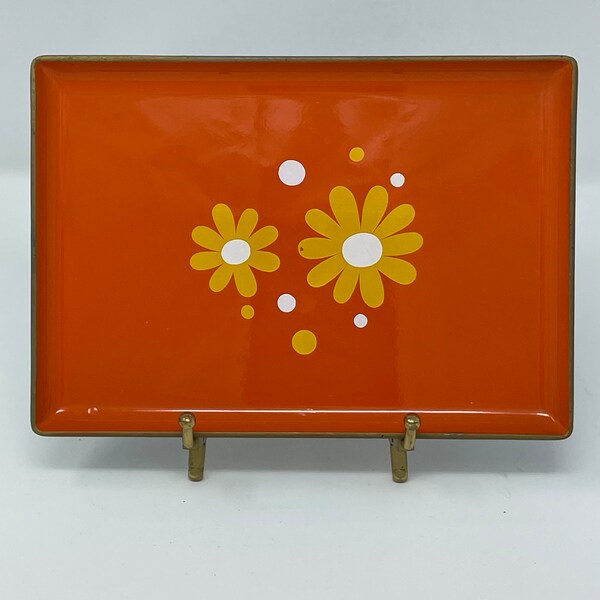 Takahashi Daisy Tray, orange daisy tray, yellow daisy tray, 1970's lacquer tray, Made in Japan tray, Takahashi tray, vintage flower tray