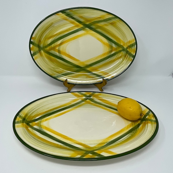 Vernonware Gingham Oval Platters, green and yellow plaid china, Vernonware china, 1950's retro china, Gingham China