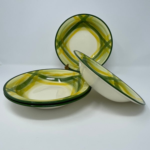 Vernonware Gingham Soup Bowls, green and yellow plaid china, Vernonware china, 1950's retro china, Gingham China