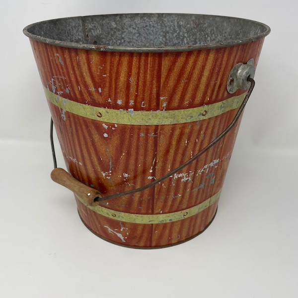 Galvanized Bucket w Wood Faux Bois in Red/Orange Design on Exterior & Bail Wood Handle, decorative galvanized bucket, faux bois wood bucket