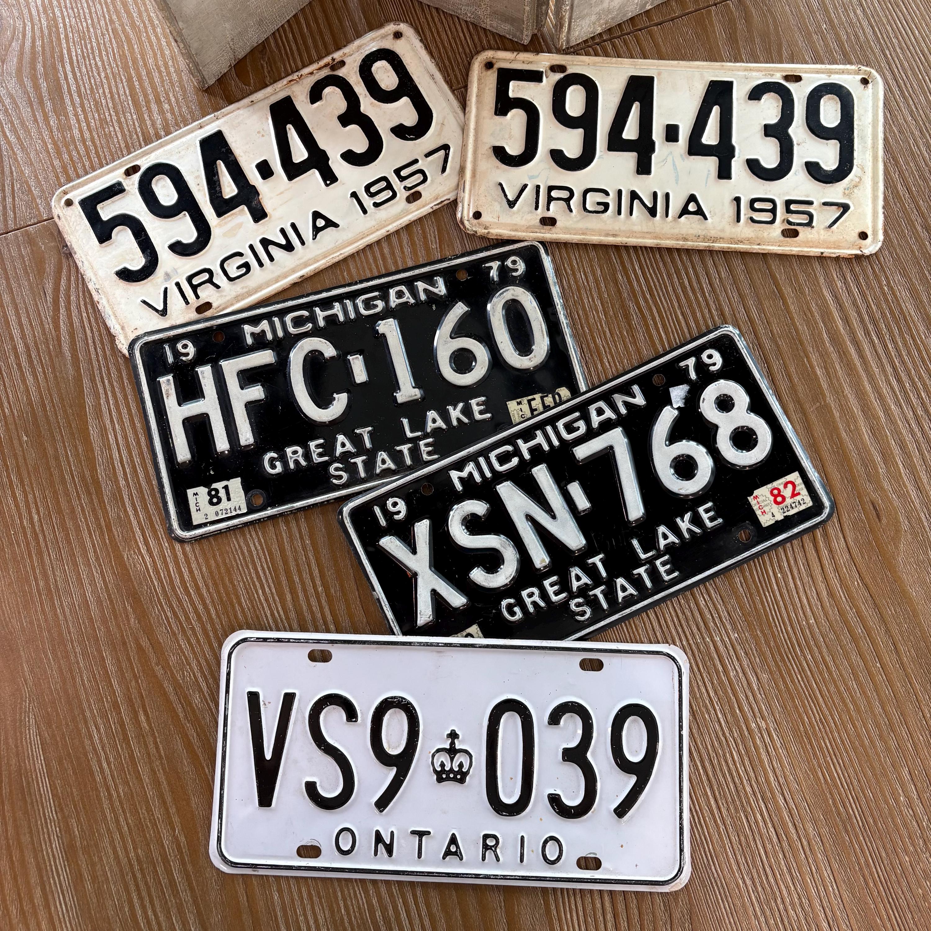 Vintage License Plates, pick of 5, Virginia License Plates, Michigan License Plates, Ontario License Plate, old license plates