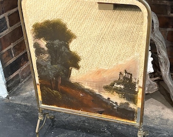 Antique Brass Mirror Hand Painted Fireplace Screen, beveled mirror w hand painted landscape, fireplace screen, Victorian fireguard, antique