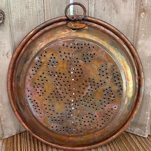 8.5&quot; Antique Copper Colander, solid copper colander, ring to hang on wall, star pattern copper colander, French Country Decor, copper patina