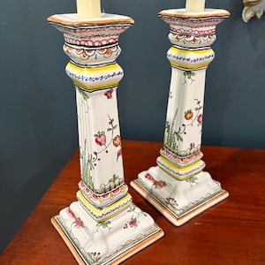 Pair of Hand Painted Portuguese Candleholders, decorative Portuguese candlesticks, hand painted candlesticks, Portuguese décor, floral decor