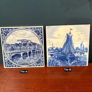 Delft Blue Wall Tiles made by Blauw Delfts Holland, choice of 2: A. De Magere Brug&quot; (Skinny Bridge in Amsterdam or B. Boat & Windmill Scene.