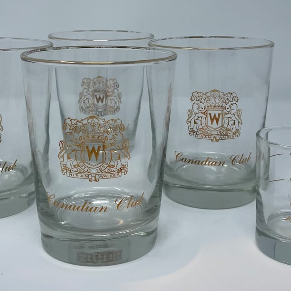 Set of 4 Vintage Canadian Club Lowballs with Hiram Walker "W" logo Est. 1858 and matching Shot glass. Vintage Whiskey Glasses, Vintage Bar
