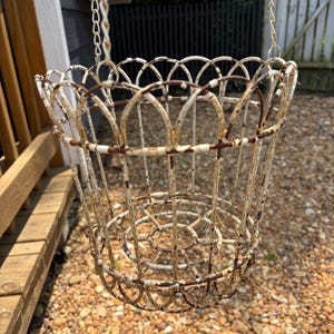 Antique Metal Hanging Basket, metal with chippy vintage cream coating on wire - shabby chic. Vintage garden hanging basket, garden basket.