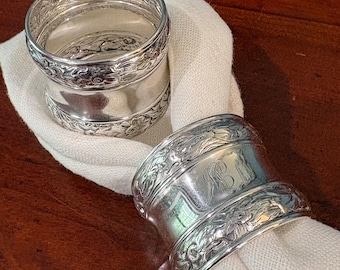 Sterling Silver Floral Napkin Rings, choice of 2. Each sold separately with vintage monogram. Lightly polished.