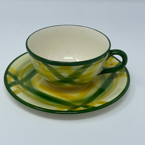 Vernonware Gingham 4 Matching Cups and Saucers, green and yellow plaid china, Vernonware china, 1950's retro china, Gingham China