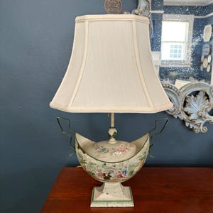 Vintage French Painted Metal Lamp with Silk Shade