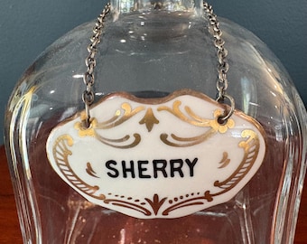 Antique French Porcelain Sherry Decanter Tag, lovely gold decorations w SHERRY on tag accented by a pewter chain, antique french liquor tag