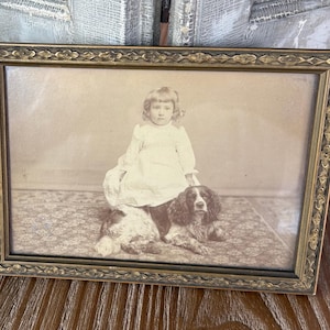 Antique Rectangular Hanging Frame with Photo of Girl and Dog