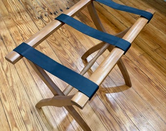 Vintage Scheibe Luggage Rack, wood with black leatherette vinyl straps, Guest room décor, guest room luggage rack, guest house supplies