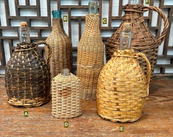 Choice of 6 Demijohns, various sizes and colors. Each sold separately. Two Demijohns are European. Wicker Demijohn Bottles, Glass Carboys