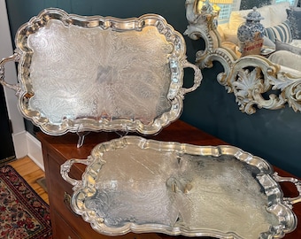 28"w Wallace Silver Plate Footed Tray with Handle, choice of 2 that are matching.