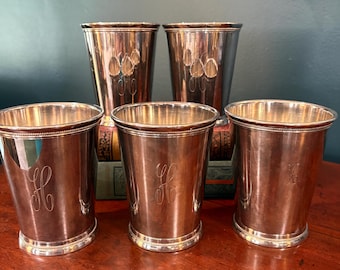 Choice of 5 Silver Plate Mint Julep Cups Circa 1970's. See item description for details on each cup. Unpolished to preserve the patina.