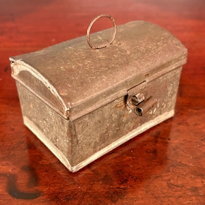 Miniature 4&quot;w Antique Domed Tin Hinged Box w Handle, hinge & lock working order, primitive miniature tin box, antique miniature tin box
