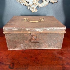 Antique 11&quot;w Tin Hinged Box with Brass Handle, antique tin box, vintage tin box, 1800&#39;s tin box, brass handle tin box, antique document box