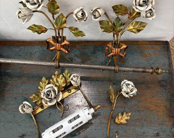 Rare S/3 Vintage Bathroom Rose Accessories; towel bar, wall hook and toilet paper holder. All 3 items are wall mounted and ready to hang