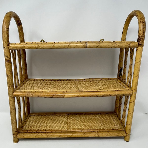 Vintage Bamboo/Rattan hanging shelf, bamboo/rattan table top shelf, vintage bamboo shelf, vintage bamboo, bamboo decor, 3 tier vintage shelf