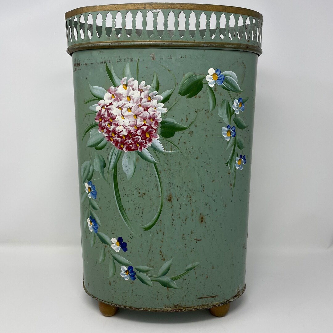 Vintage Plymouth Tole Hand Painted Waste Basket, Toleware, Vintage Bath