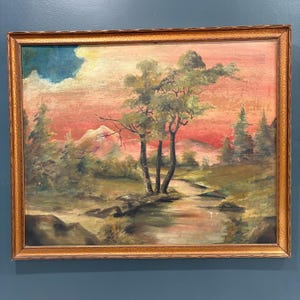 Antique Original Landscape Painting, oil on board with antique gold frame, antique landscape oil painting, 33 x 27 oil landscape painting