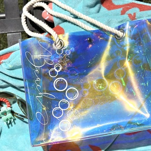 Beach Tote Bag, Transparent Vinyl Bag, Holographic PVC Shopping Bag, Clear Summer Tote Bag, Women&#39;s Travel Bag