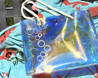 Holographic Beach Tote Bag: Transparent Vinyl PVC Travel Bag