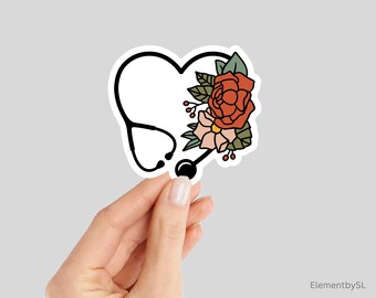 Floral Heart Stethoscope Sticker, Waterproof and Dishwasher Safe Vinyl Stickers (E-A117)