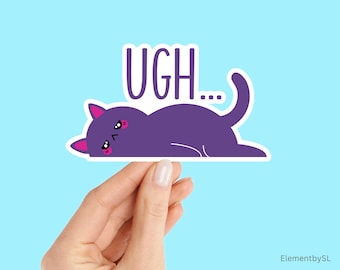 Exhausted Purple Cat Sticker: Ugh Mood, Laying Flat on the Ground, Angry Cat, Waterproof Vinyl Decal (E-A151)
